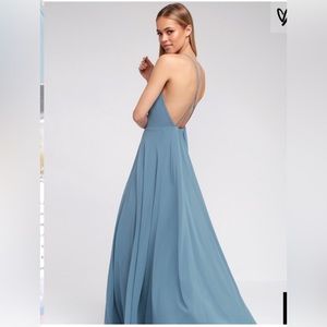 Slate blue spaghetti strap formal maxi dress